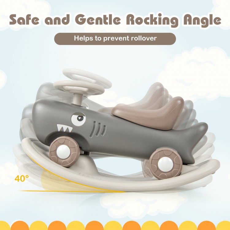 Convertible rocking horse and sliding car in dark gray with a 40-degree rocking angle for safety and balance learning.