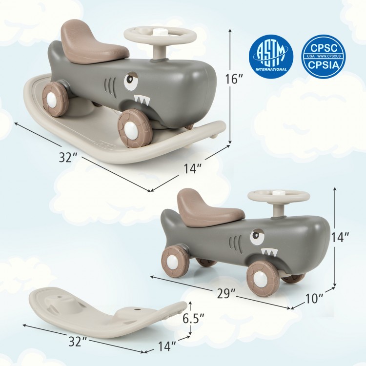 Convertible rocking horse and sliding car in dark gray with detachable balance board for safe, stable play.