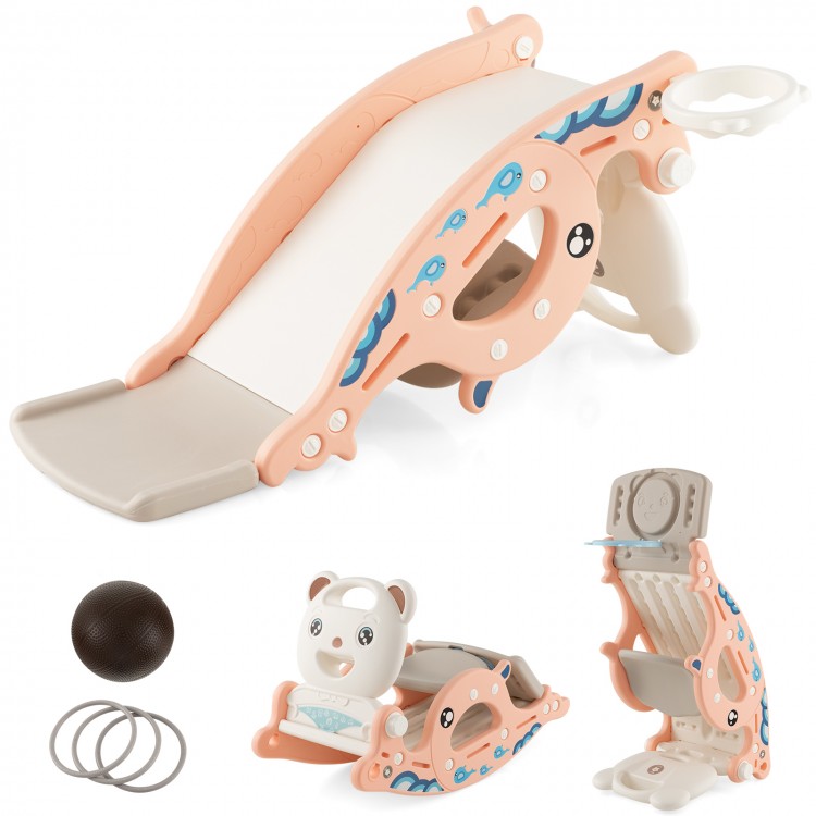 4-in-1 Kids Slide Rocking Horse with Basketball Hoop and Ring Game - Gallery View 1 of 11