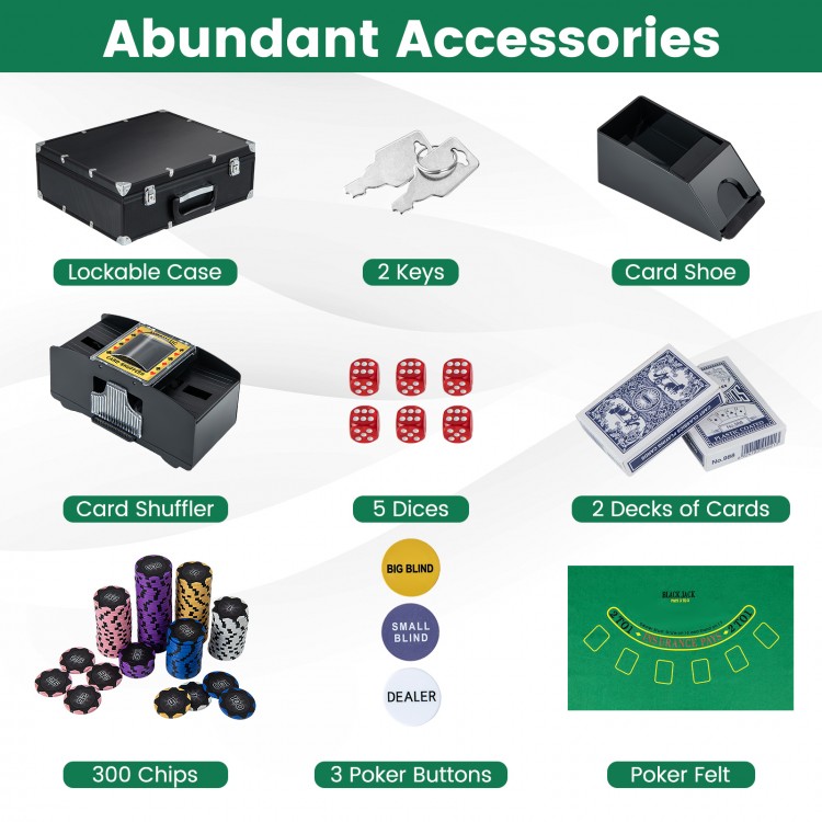 300-piece poker chip set with 14-gram chips, card shuffler, felt, and accessories for Texas Holdem and Blackjack.