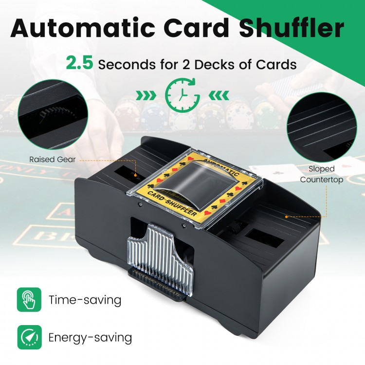 Automatic card shuffler with easy-to-grip handle, shuffles 2 decks in 2.5 seconds, ideal for poker games.