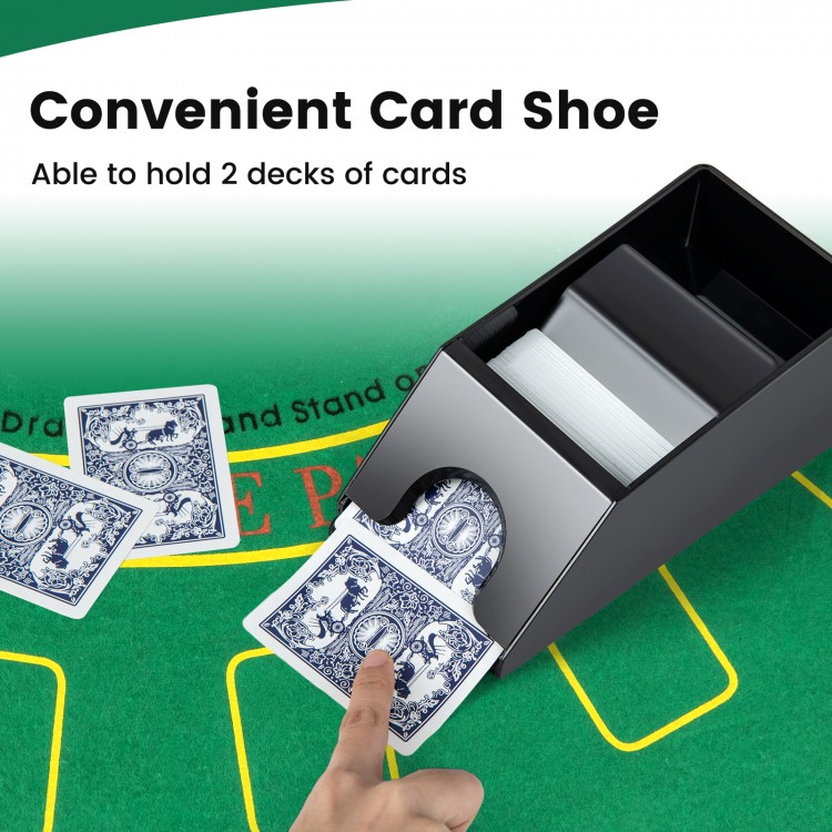 Card shoe designed to hold 2 decks of cards, part of a 300-piece casino poker chip set for various card games.