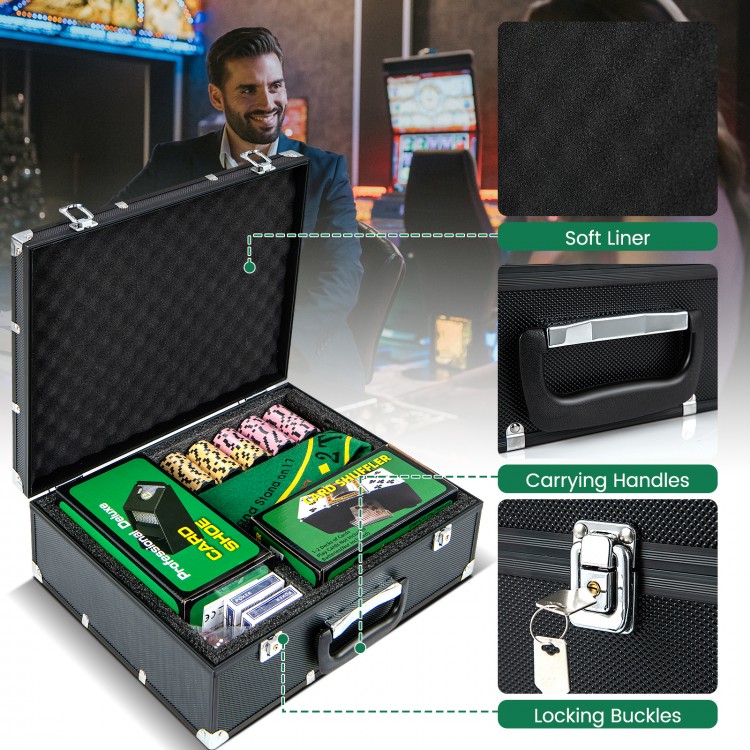 Poker chip set with 300 chips, card shuffler, and accessories in a durable case, ideal for card games and gatherings.