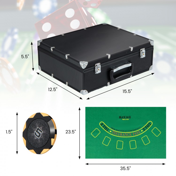 Black poker chip set with 300 chips, felt mat, card shuffler, and accessories for Texas Holdem and Blackjack games.