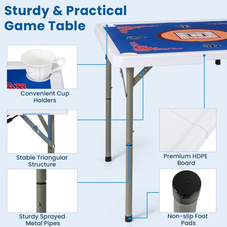 35-inch blue folding mahjong table with cup holders, featuring a smooth felt surface and sturdy metal frame for four.