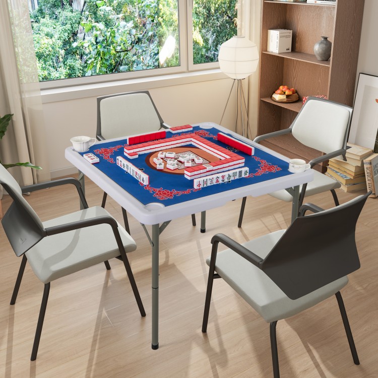 Folding 35-inch blue mahjong table with cup holders, featuring a smooth felt surface, ideal for four players.