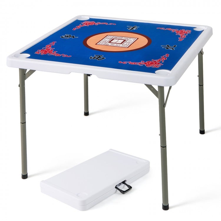 35-inch blue folding mahjong table with cup holders, featuring a smooth felt surface for four players, ideal for home.