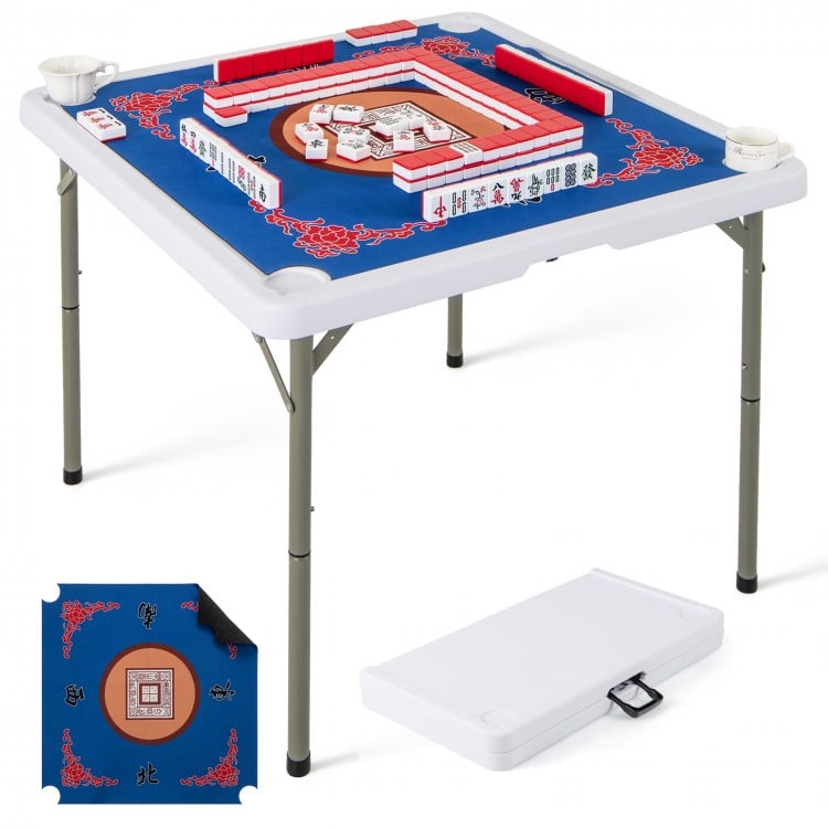 Folding 35-inch blue mahjong table with cup holders, featuring a smooth felt surface for four players, ideal for home.