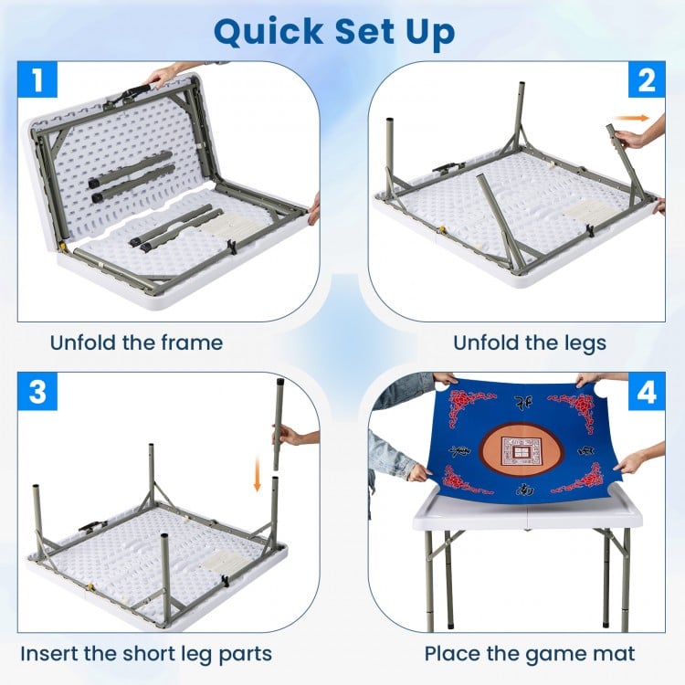 Folding 35-inch mahjong table with cup holders, featuring a smooth felt surface, ideal for four players in any setting.