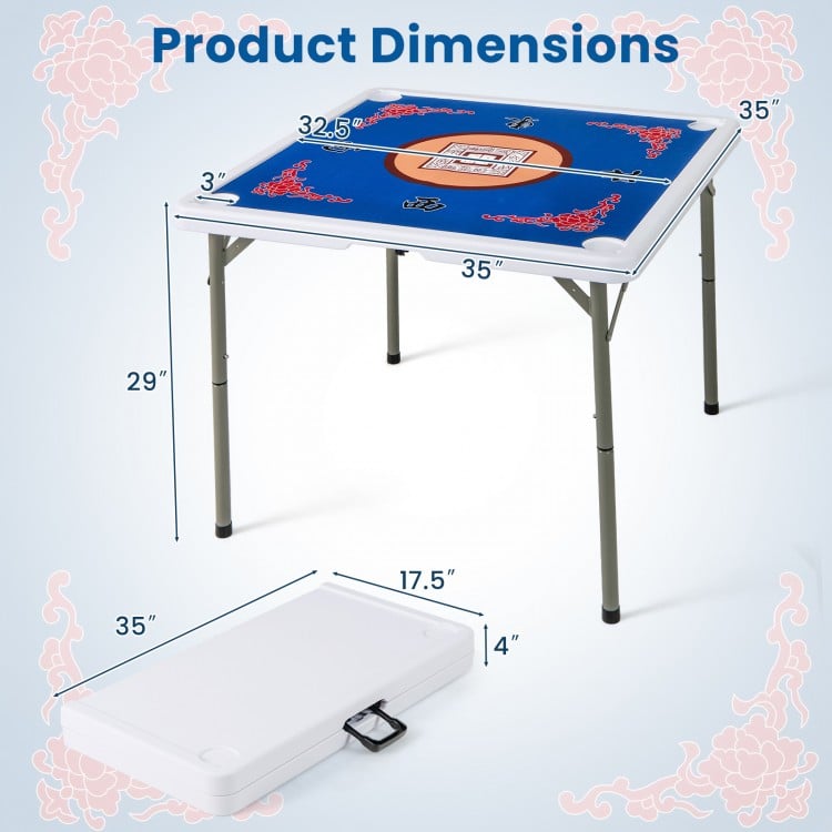Folding 35-inch blue mahjong table with cup holders, featuring a smooth felt surface and compact design for easy.