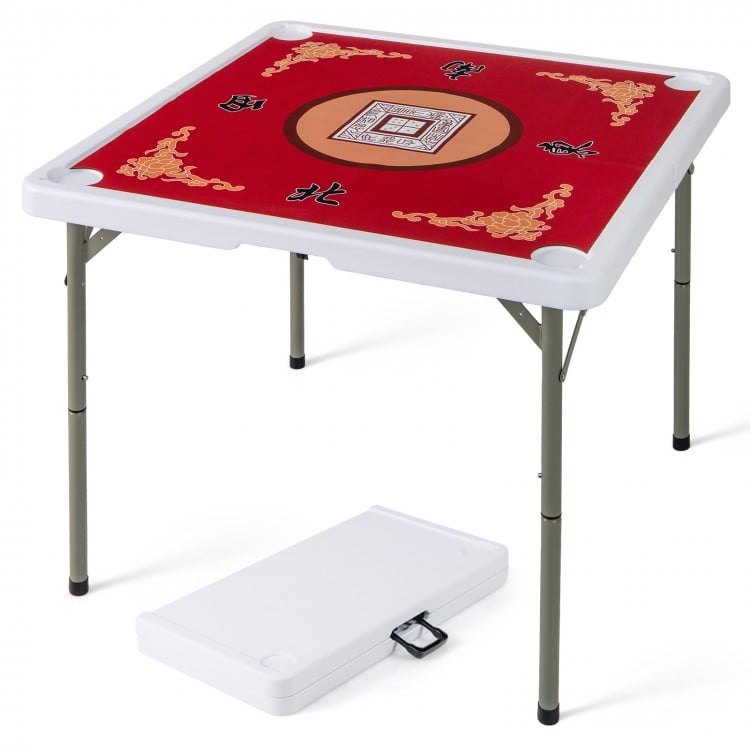 Folding 35-inch red mahjong table with cup holders, featuring a smooth felt surface for four players, ideal for gaming.