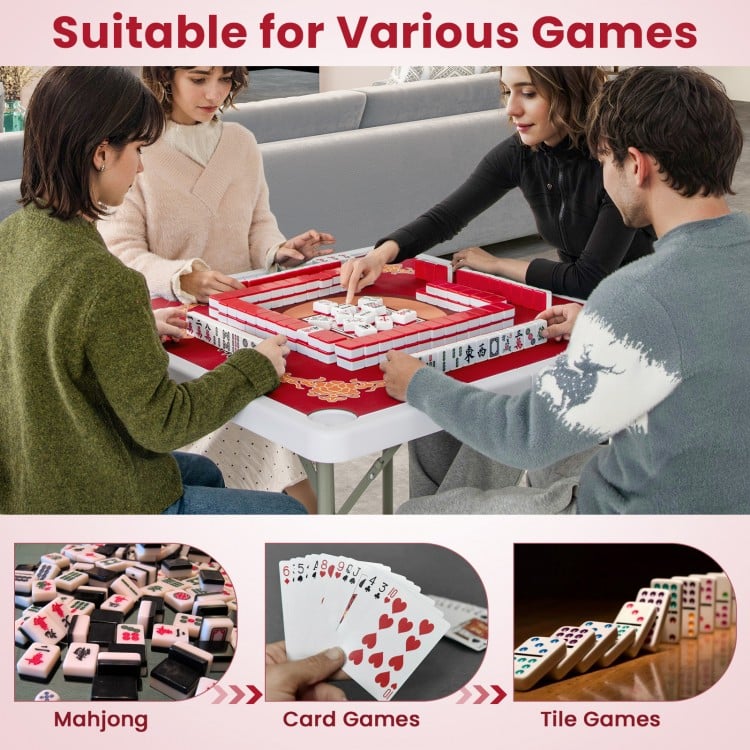 35-inch red folding mahjong table with cup holders, suitable for four players, ideal for home and outdoor games.
