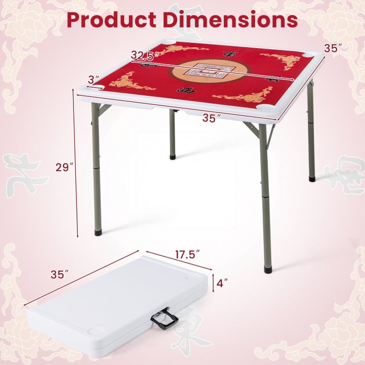 Folding 35-inch red mahjong table with cup holders, featuring a smooth felt surface and compact storage design.