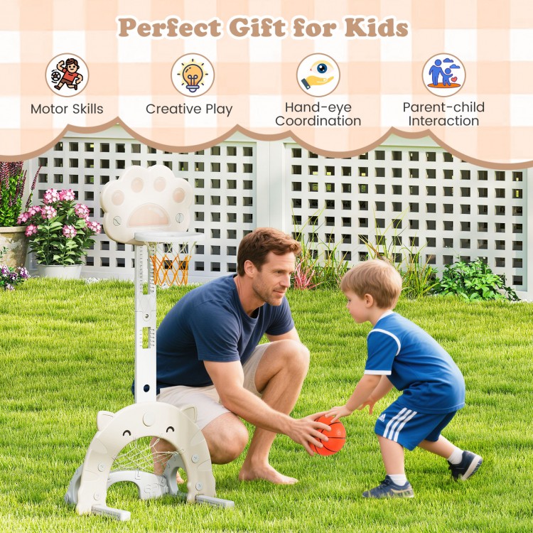 3 in 1 Kids Basketball Hoop in gray with adjustable height, designed for basketball, soccer, and golf for active play.