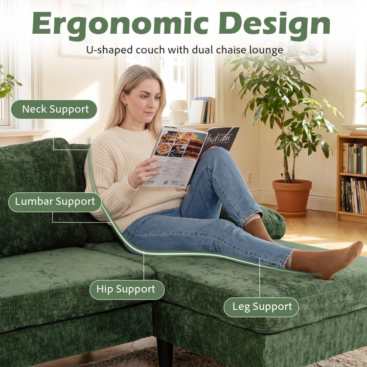 U-shaped sectional couch in green with dual chaise lounge, featuring ergonomic design and plush back cushions for.