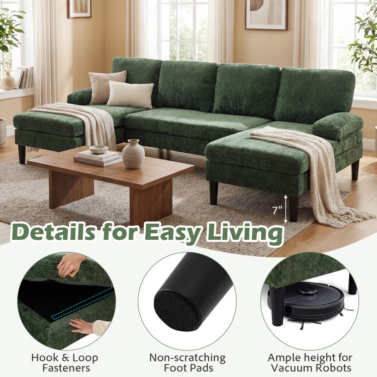 U-shaped sectional couch in green with dual chaise, soft corduroy fabric, and ample height for vacuum access.