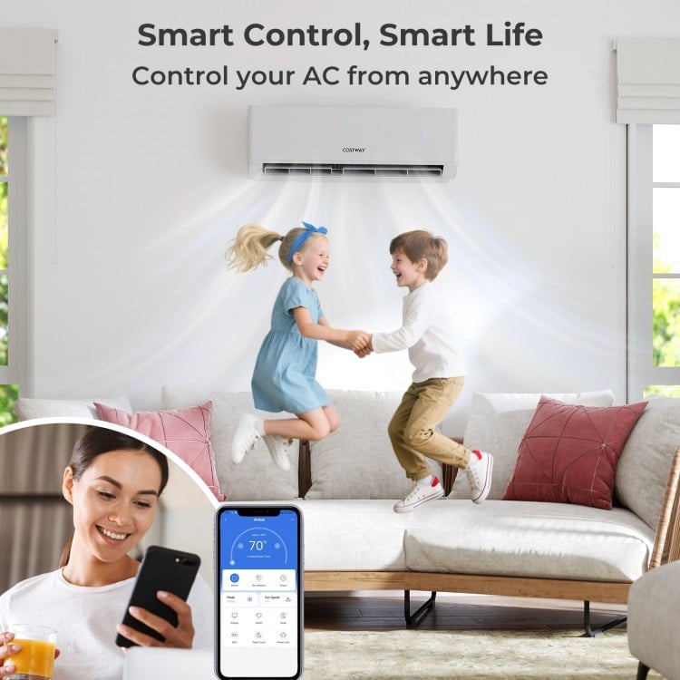 UltrEco Series 18000 BTU mini split air conditioner with WiFi, shown in a living room, providing efficient cooling and.
