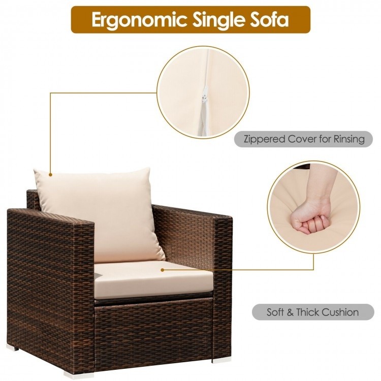 Single ergonomic patio chair with soft, thick cushion and zippered cover, perfect for outdoor relaxation.