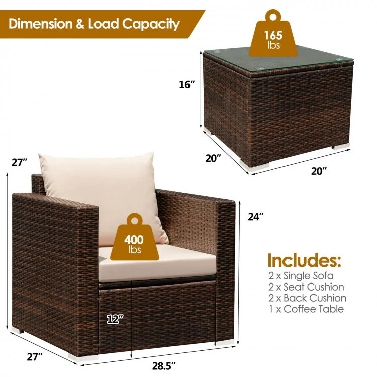 Single patio chair with cozy cushion, part of a 6-piece rattan furniture set for outdoor relaxation.