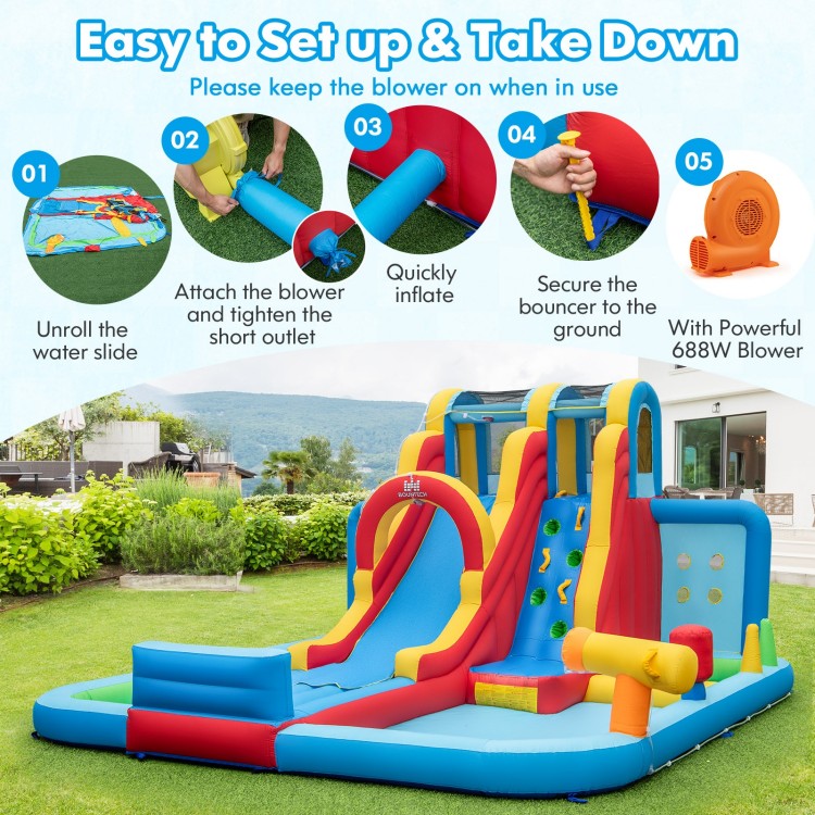 Inflatable water slide park with 680W blower, featuring vibrant colors and secure mesh walls for backyard fun.