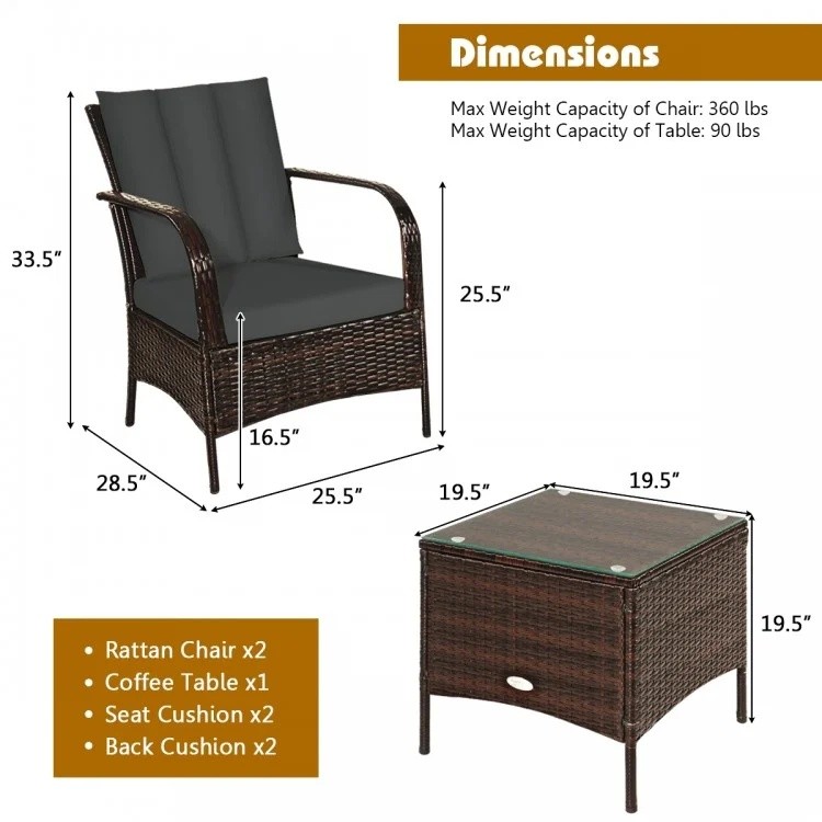 Rattan chair with cozy cushions and coffee table, part of a 6-piece patio set for outdoor relaxation.