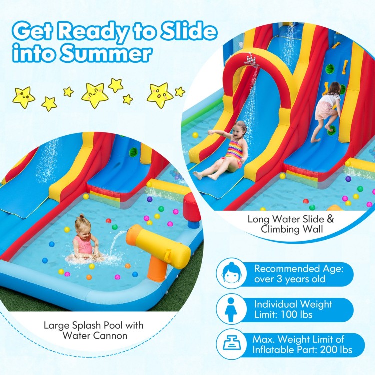 Inflatable water slide park with splash pool and water cannon, perfect for summer fun for kids aged over 3 years.