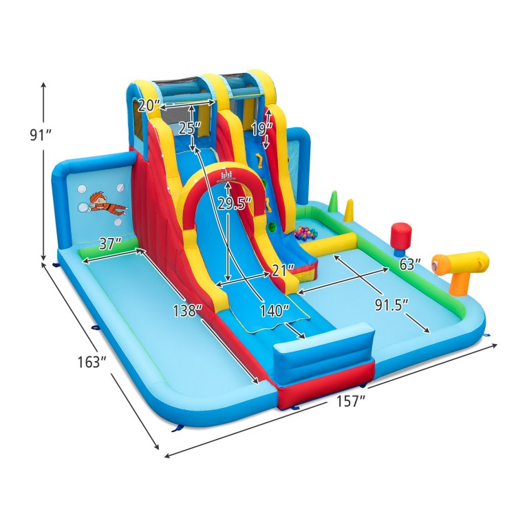 Inflatable water slide park with dimensions 163" x 157", featuring vibrant colors and safety netting for backyard fun.
