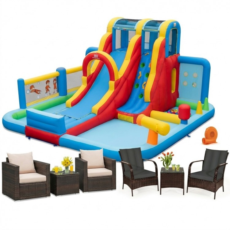 Inflatable water slide park with colorful design, paired with 6-piece rattan patio furniture set for backyard fun.