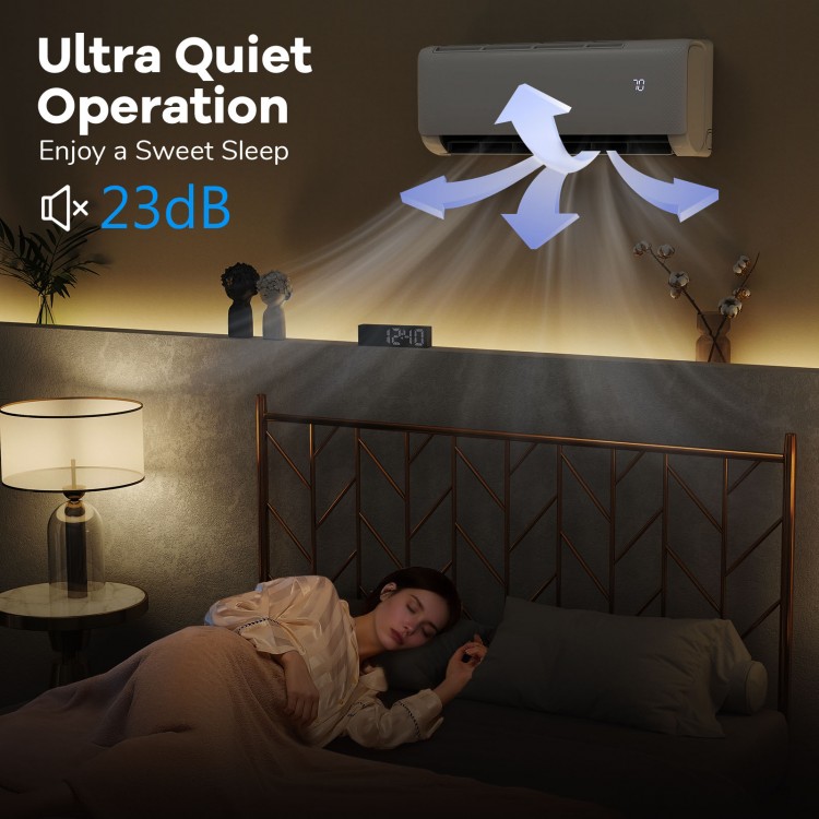 Ultra-Quiet 24000 BTU Mini Split air conditioner in sleep mode, designed for silent operation and efficient cooling.