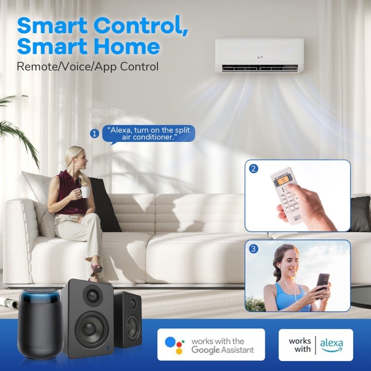 Ultra-Quiet Inverter Mini Split AC with remote and voice control, ideal for large rooms up to 750 sq.ft.