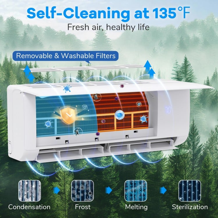 Ultra-Quiet Inverter Mini Split AC with self-cleaning feature and washable filters for efficient cooling and heating.