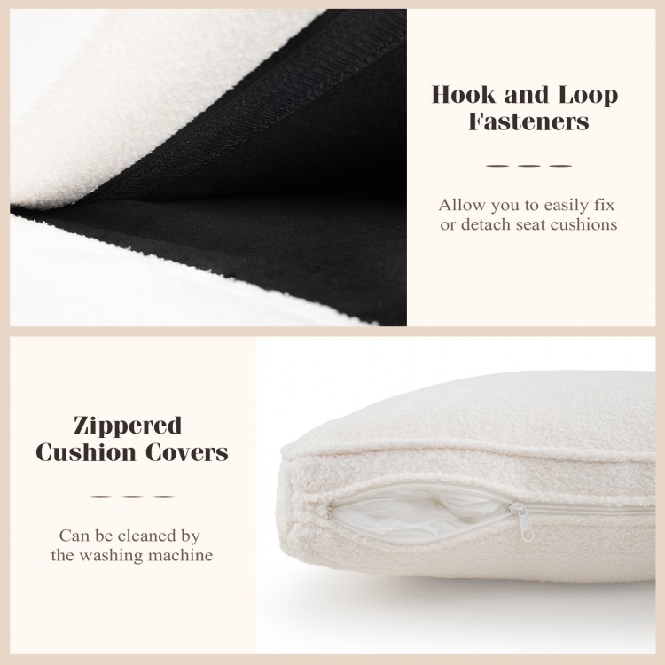 Close-up of the upholstered teddy velvet sofa's zippered cushion covers and hook and loop fasteners for easy.