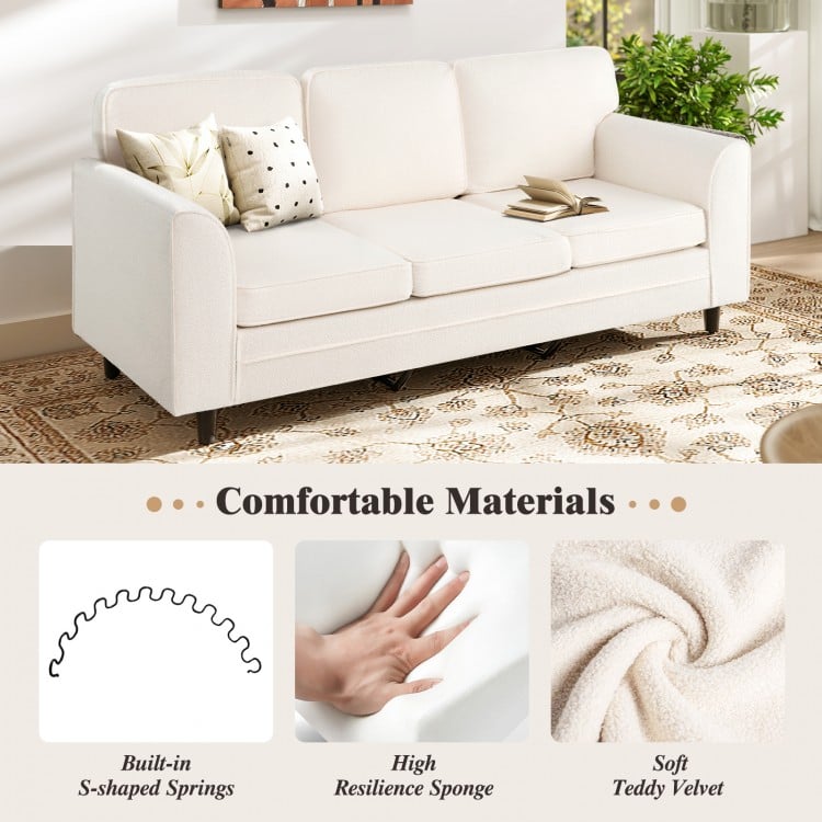 Close-up view of the soft teddy velvet texture and high-resilience sponge of the white upholstered 3-seat sofa for.