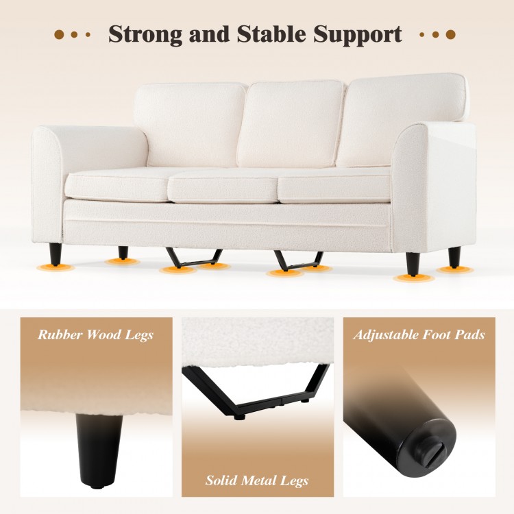 Upholstered teddy velvet 3-seat sofa with rubber wood and metal legs, featuring adjustable foot pads for stability.