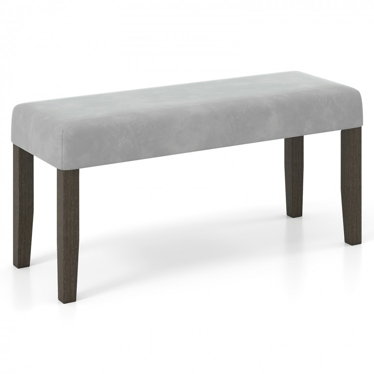 Gray padded end of bed bench with solid rubber wood legs, ideal for bedroom or entryway seating and storage.