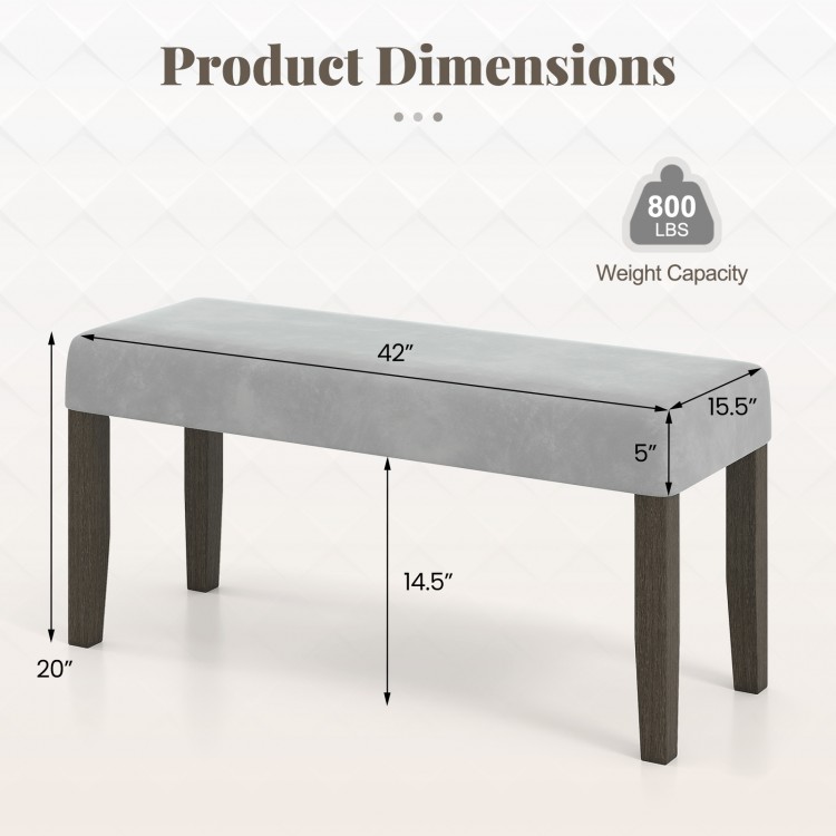 End of bed bench with gray padded seat, solid wood legs, and dimensions of 42"x15.5"x20", supports up to 800 lbs.