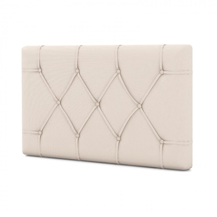 Beige upholstered headboard for twin size bed with button tufted design and adjustable height for modern bedroom decor.