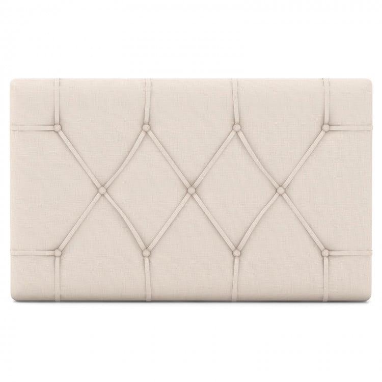 Beige upholstered headboard with button tufting for twin size bed, featuring adjustable height and sturdy MDF frame.