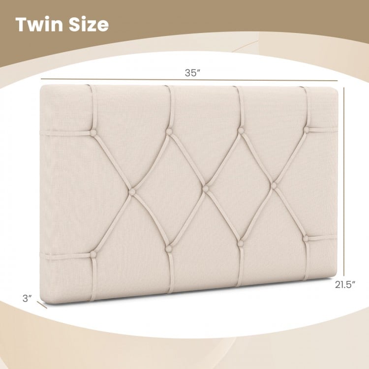 Beige upholstered headboard for twin size bed, featuring a soft fabric cover and sturdy MDF frame for cozy back support.