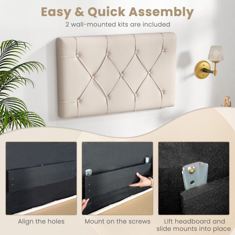Beige upholstered headboard with button tufted design, adjustable height, and easy assembly for twin size bed.