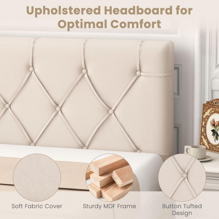 Upholstered headboard in beige with button tufted design, soft fabric cover, adjustable height for twin size bed.