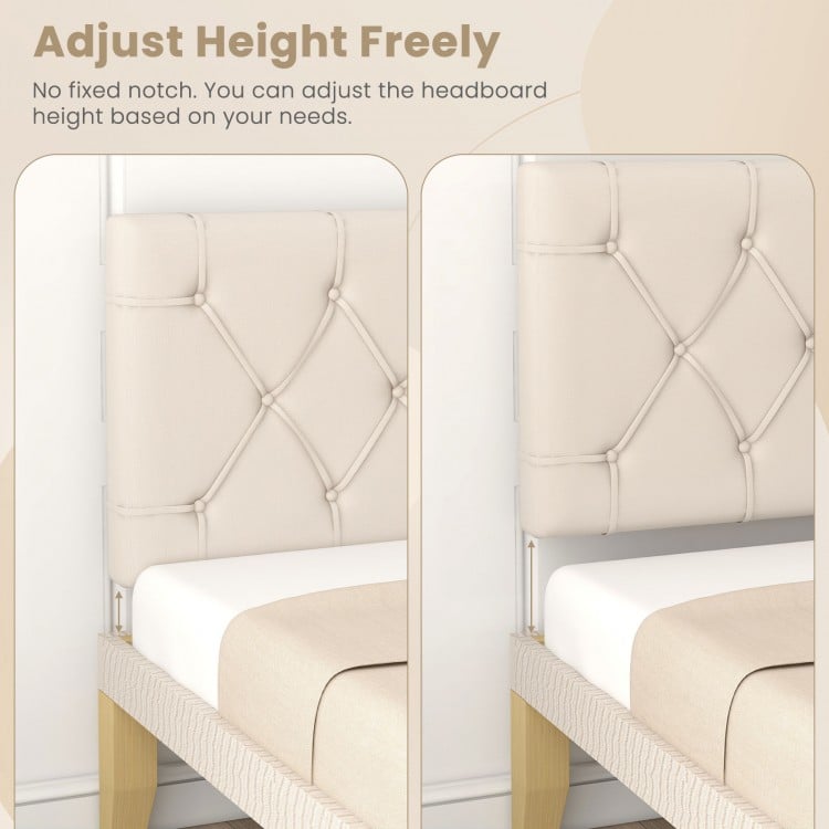 Adjustable beige upholstered headboard for twin bed, featuring a button tufted design for customizable height and.