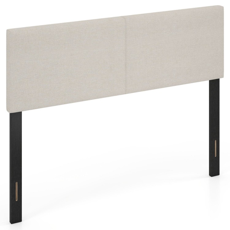 Upholstered headboard in beige linen fabric with sturdy plywood legs, designed for queen/full size bed frames.
