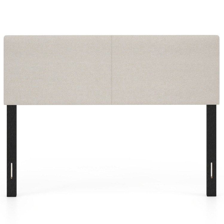 Upholstered queen/full size headboard in beige linen fabric with sturdy plywood legs for adjustable bed mounting.