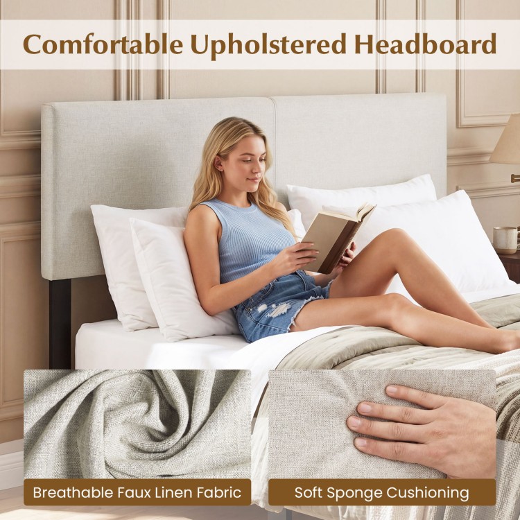 Upholstered headboard in beige with breathable faux linen fabric and soft sponge cushioning for queen/full size beds.