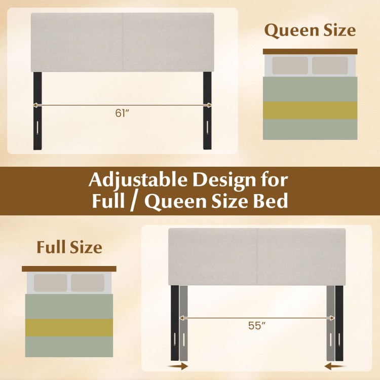 Adjustable upholstered headboard in beige for full/queen size beds, featuring soft sponge cushioning and sturdy plywood.