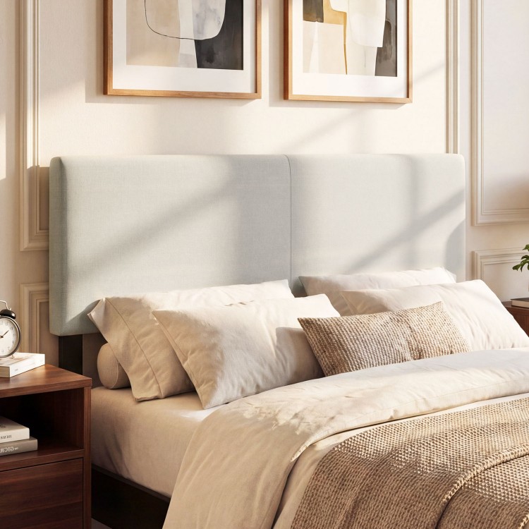 Upholstered headboard in beige linen fabric for queen/full size bed, featuring soft cushioning and adjustable mounting.