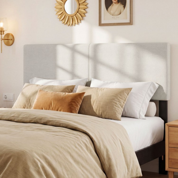 Upholstered queen/full size headboard in beige linen fabric with soft cushioning, perfect for enhancing bedroom comfort.