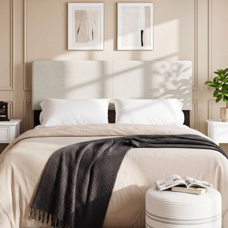 Upholstered queen/full size headboard in beige linen fabric, featuring a vertical quilted design for stylish bedroom.