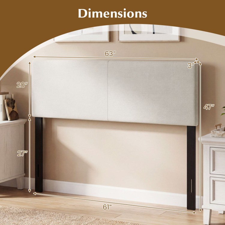 Upholstered headboard dimensions for queen/full size bed in beige linen fabric, featuring adjustable mounting and.